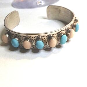 JAY KING DTR TURQUOISE & CORAL STERLING SILVER BRACELET ETCHED DESIGNS
